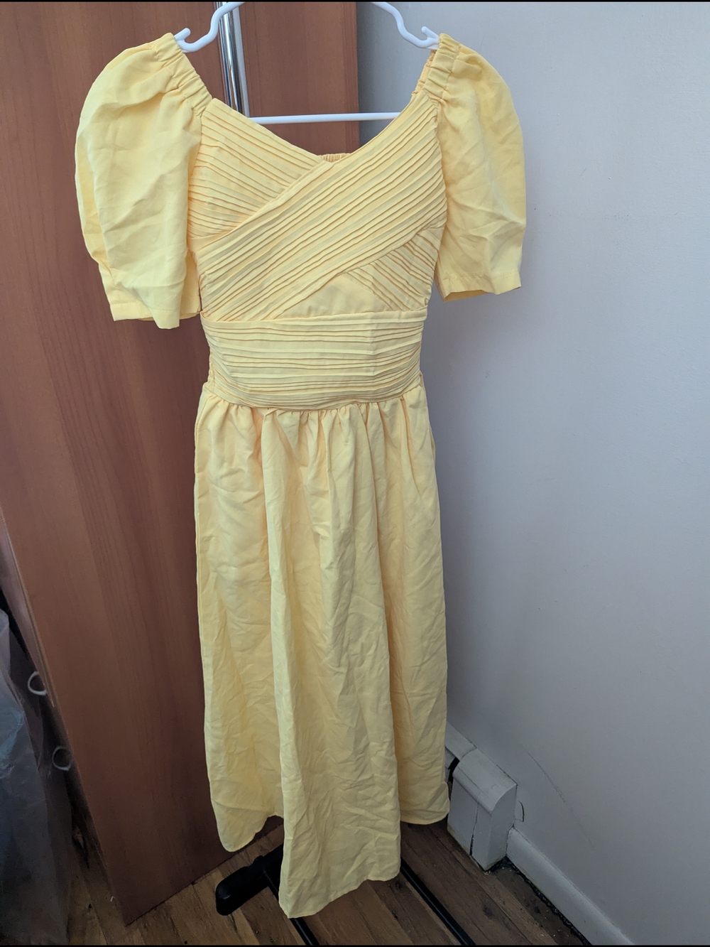Yellow Puff-Sleeve Midi Dress